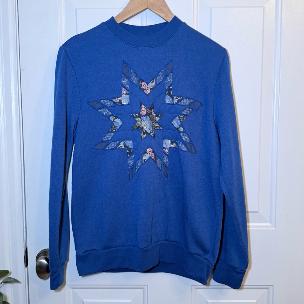 Vintage Blue Sweatshirt with Quilted Floral Star Applique